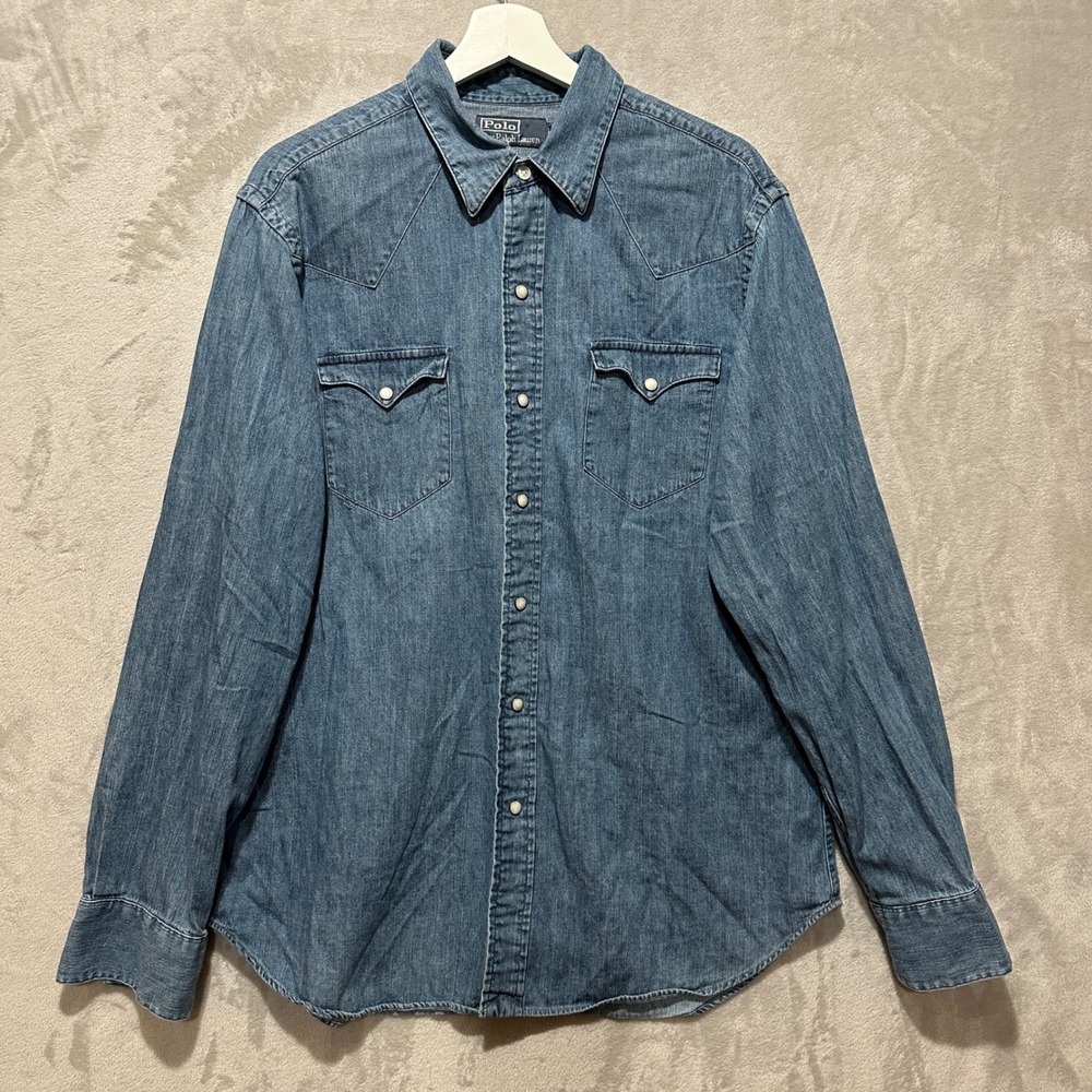 Vintage Polo Ralph Lauren Men L Western Denim Pearl Snap Shirt Cowboy Blue